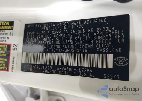 2021 Toyota Camry Se from USA, damaged, VIN 4T1G11AK3MU528448